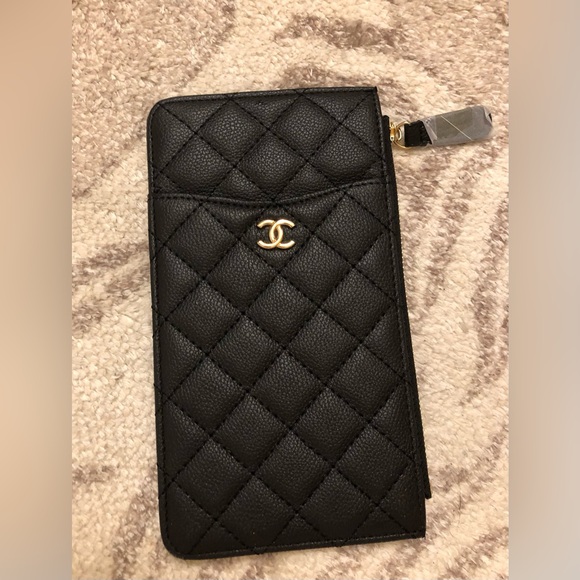 CHANEL Caviar Classic Flat Wallet Pouch Black | Quilted Seam Signature Logo NEW - Picture 7 of 7